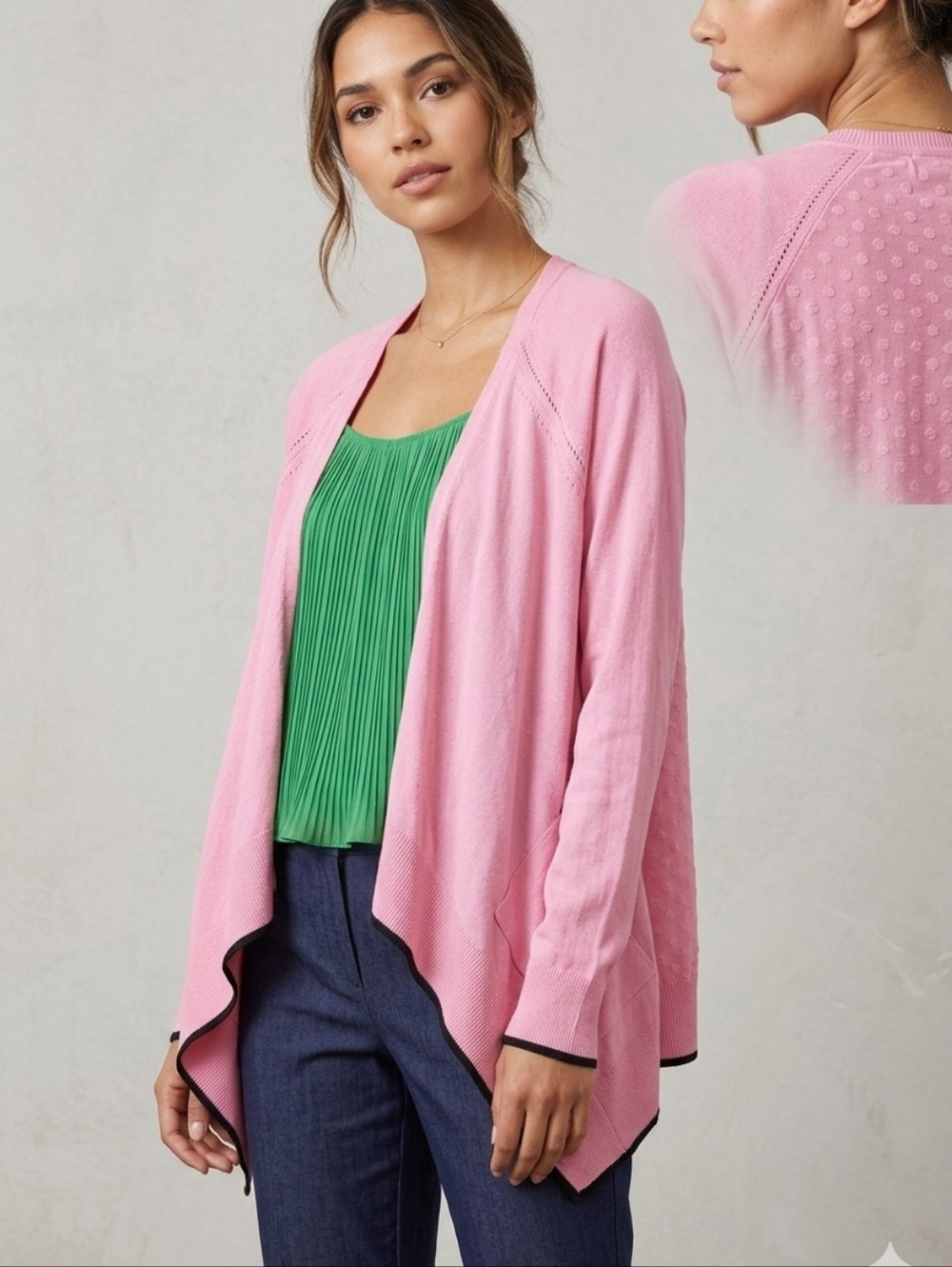 ELLE PINK DRAPED OPEN FRONT CARDIGAN XS LIGHTWEIGHT DOT TEXTURE CASCADE